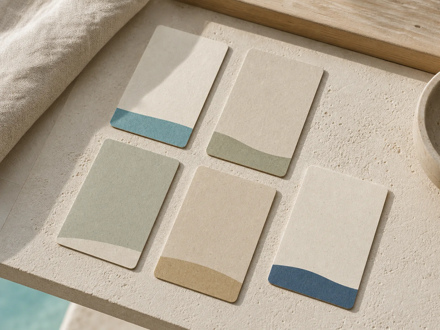 Cinco tarjetas de fibra a base de papel con campos de color caribeños sobrios