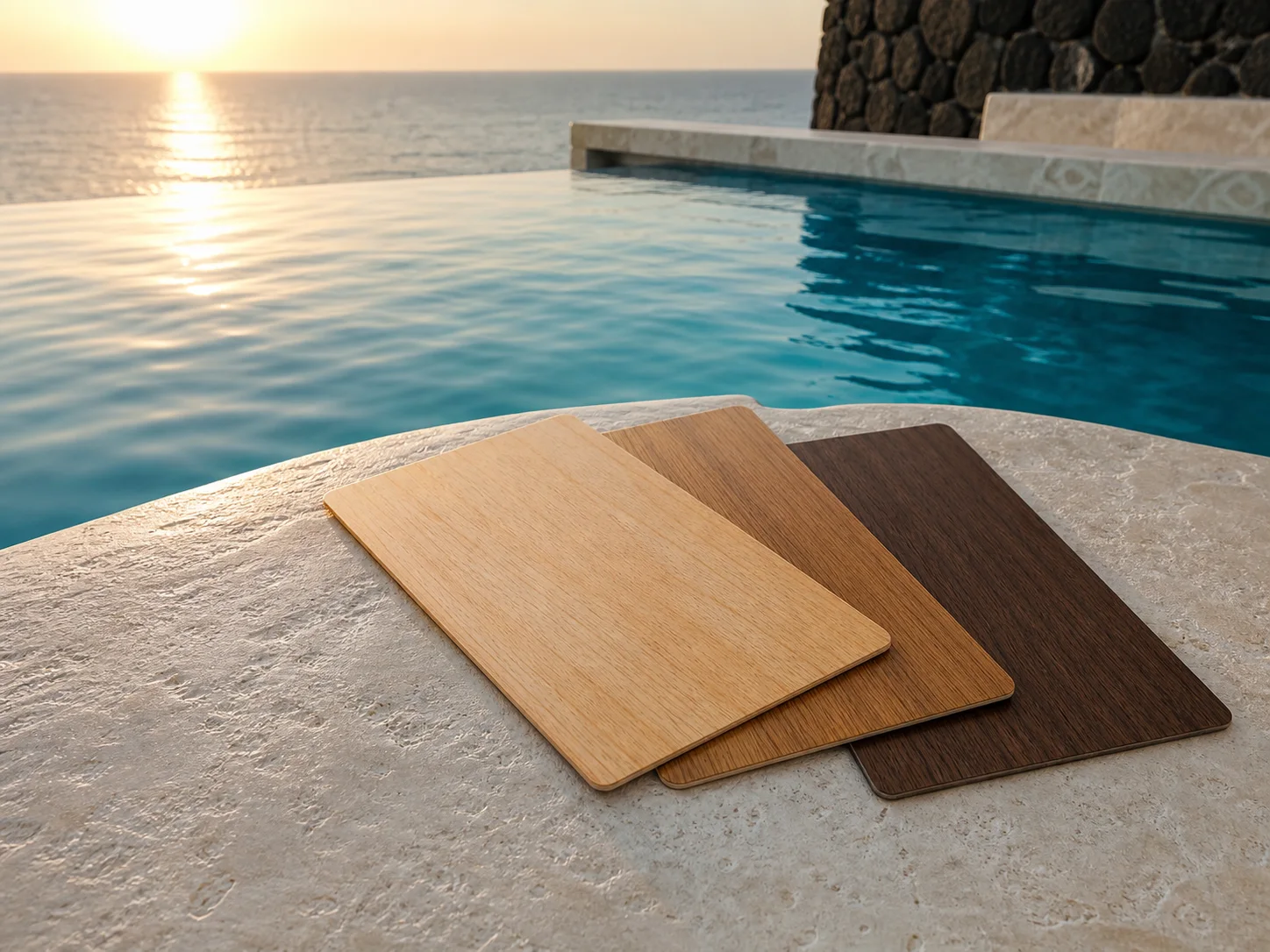 Tres tarjetas llave delgadas de madera, sin marca, junto al agua del Caribe