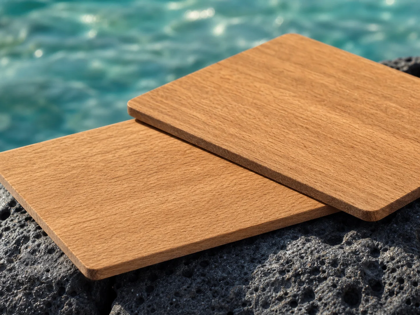 Primer plano de las caras y los bordes de tarjetas llave de madera homogénea