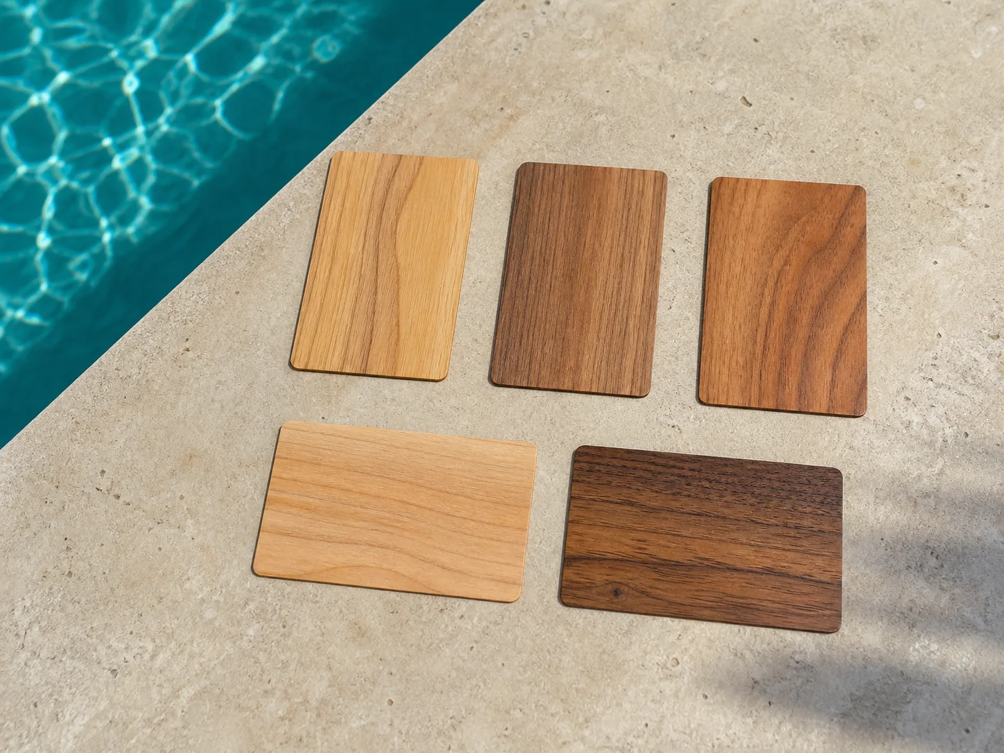 Cinco tarjetas llave de madera sin marca que muestran la variación natural de la veta