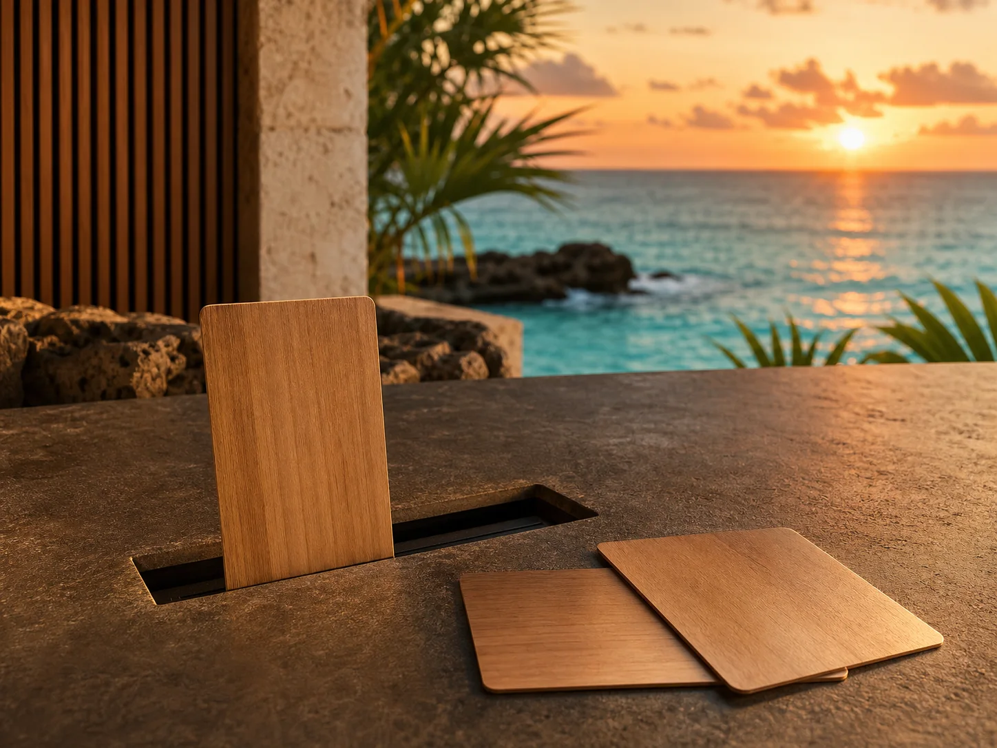 Tarjetas llave de madera sobre un mostrador de recepción caribeño al atardecer
