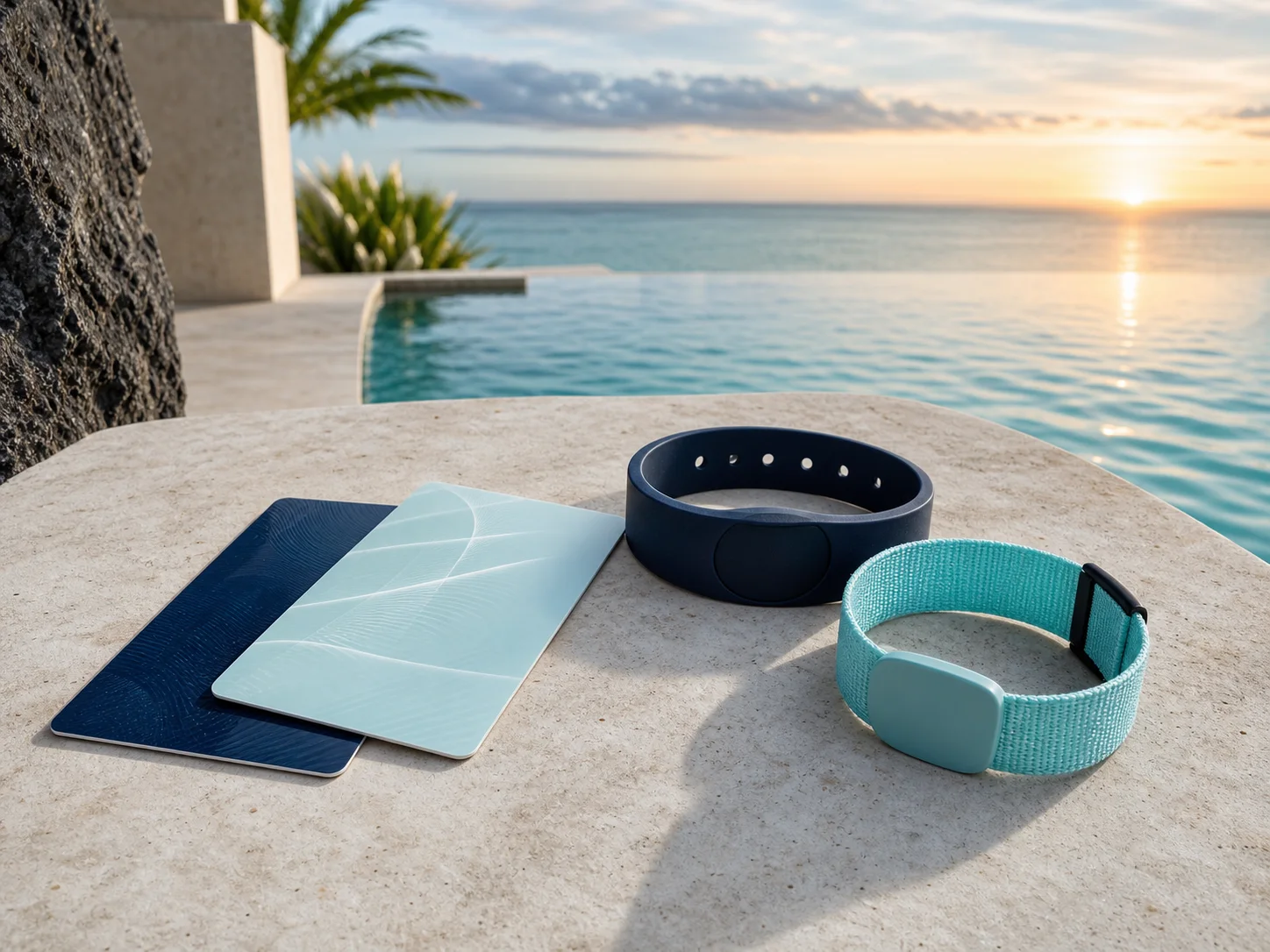 Dos tarjetas llave de hotel con pulseras RFID de silicona y tejido en un resort del Caribe