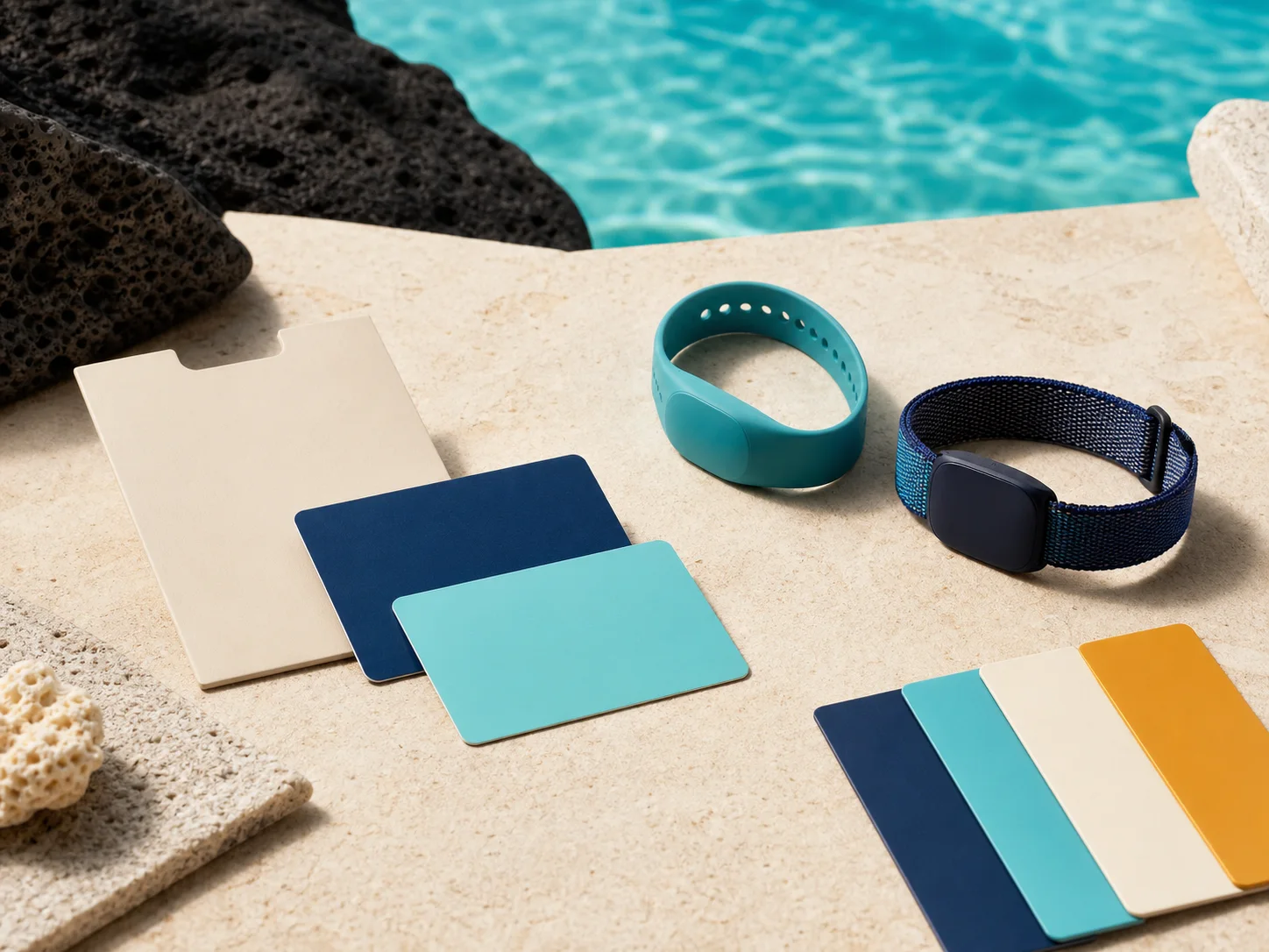 Muestras de acceso para hotel, fundas y colores sobre una mesa de aprobación