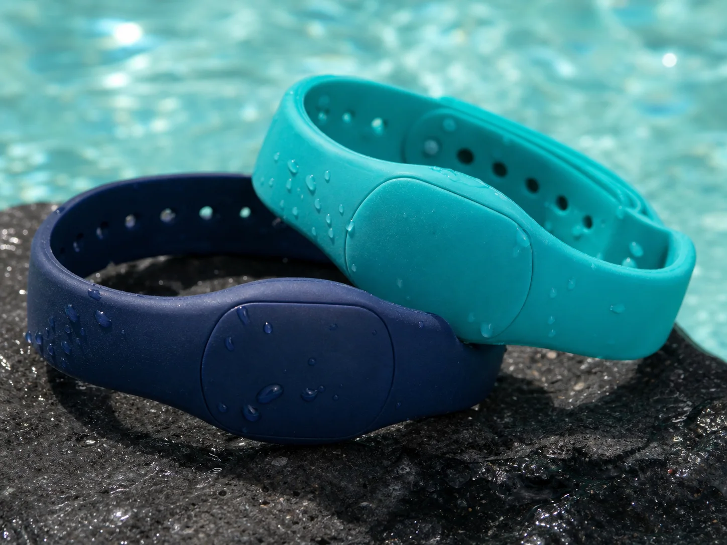 Macro view of navy and aqua silicone wristband modules with water droplets
