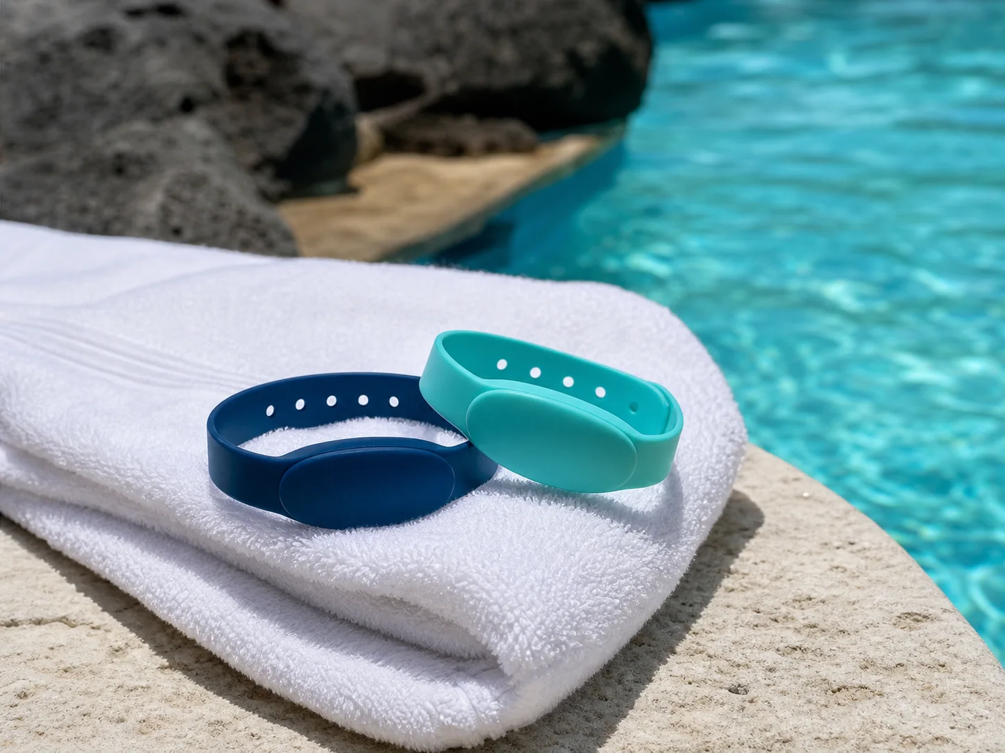 Two silicone RFID wristbands resting on a folded white pool towel