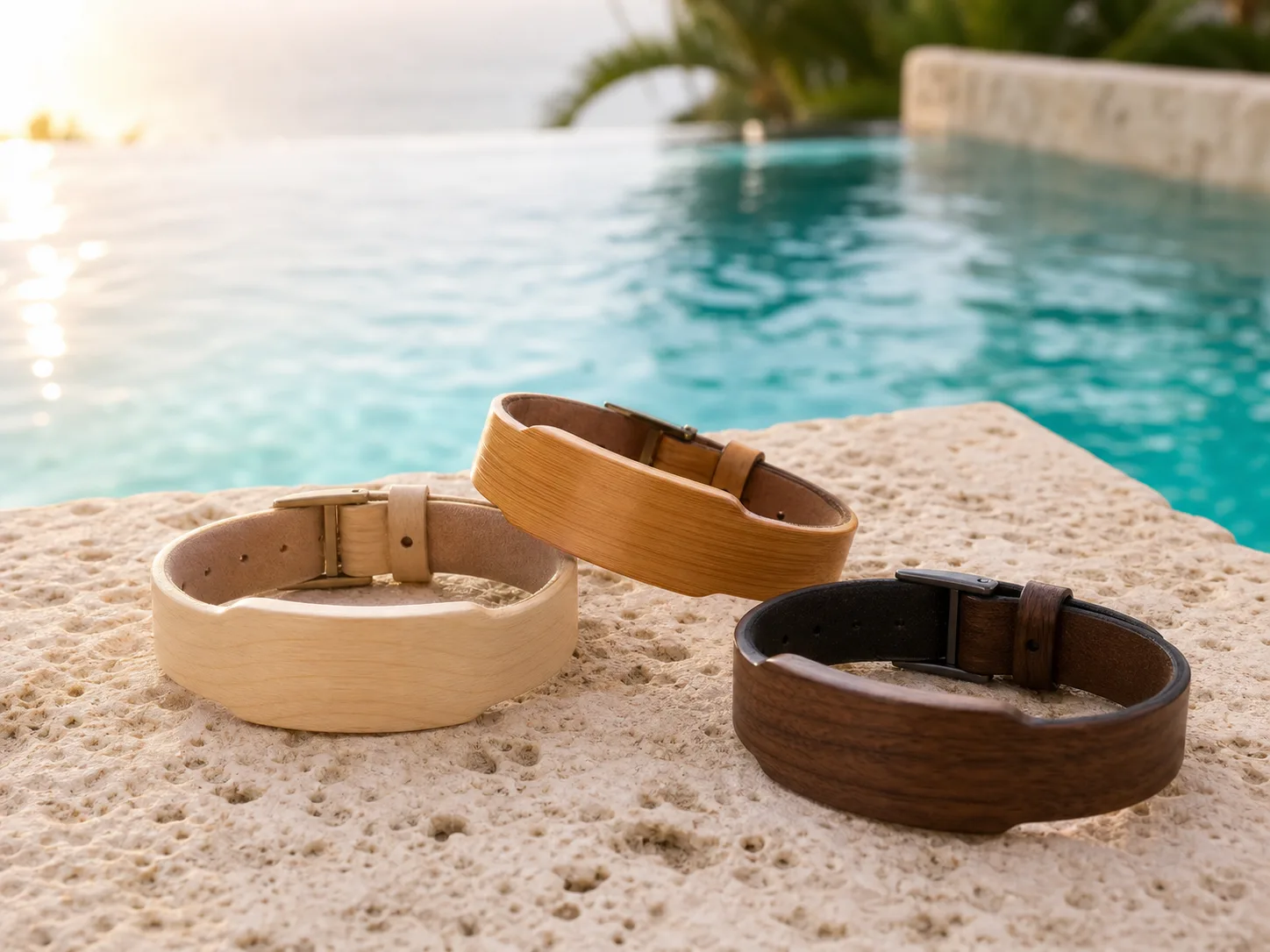 Tres pulseras RFID de madera sin marca junto a aguas caribeñas