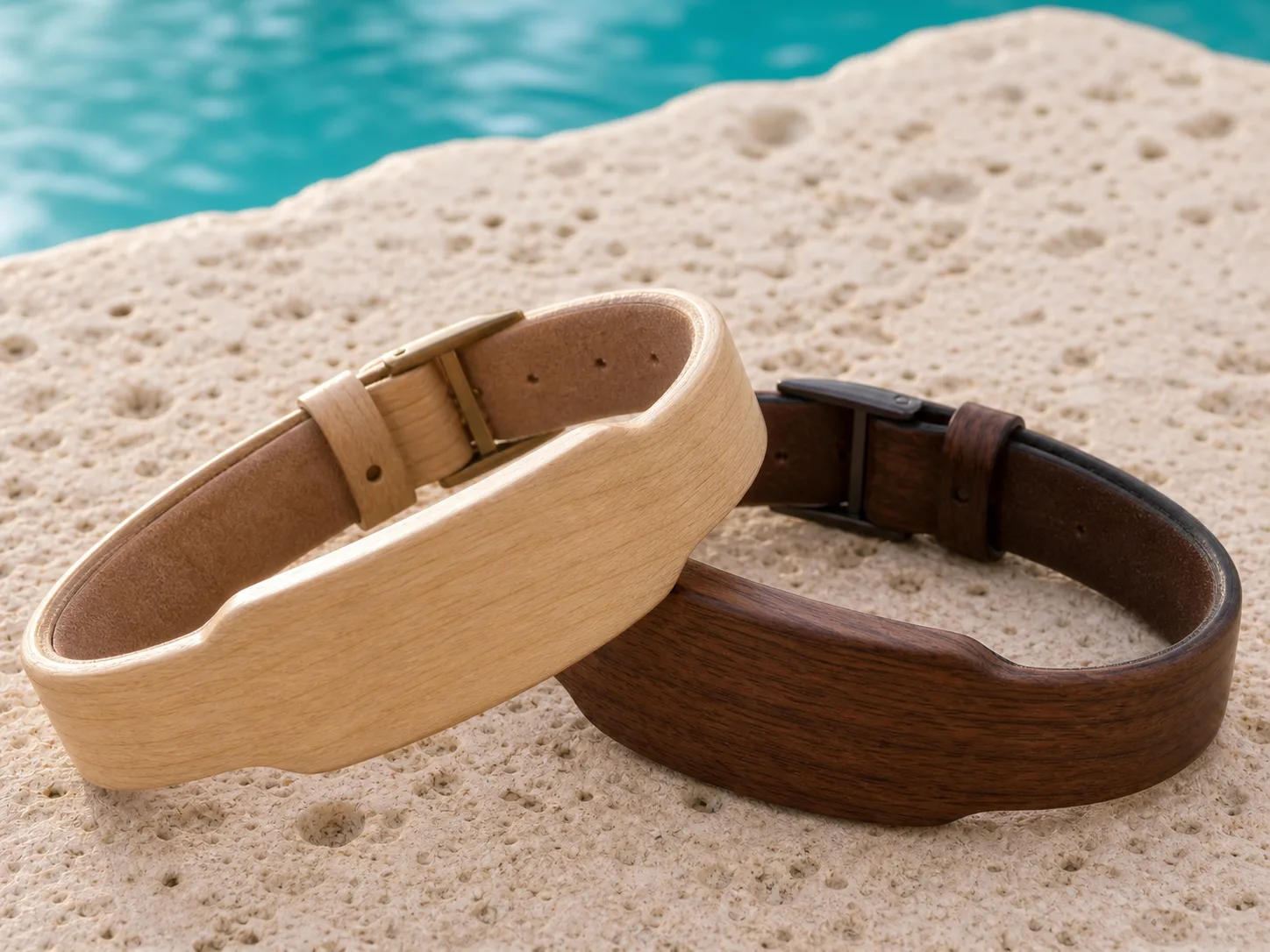 Vista macro de la veta, los bordes y el alojamiento de la credencial incorporada de una pulsera de madera